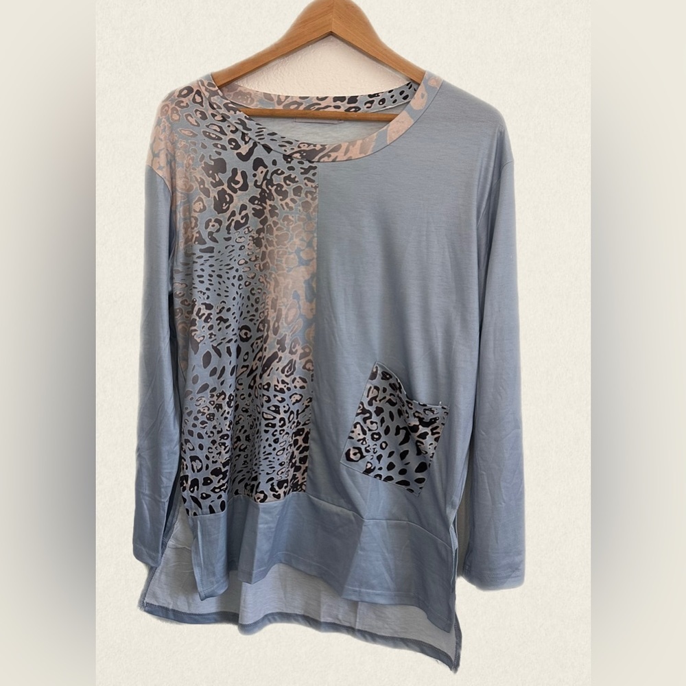 MISSLOOK Long Sleeve High Low Pocket Tee with Cheetah Women Size Small NWOT